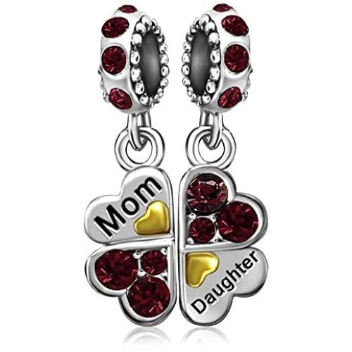 JMQJewelry Mother Mom Love Daughter Heart Clover Birthday Birthstone Jan-Dec Dangle Charms for Bracelets Women Jewelry