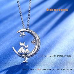 Cat Necklace, S925 Sterling Silver Cat on Moon Pendant, Cubic Zirconia, Women Jewelry, Gifts for Mum with Gift Package- I Love you forever