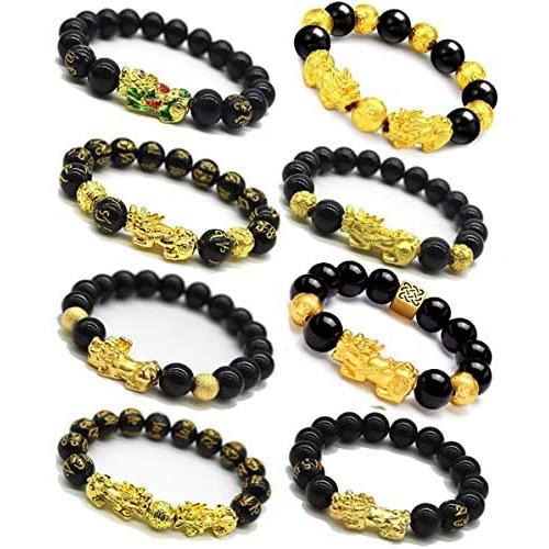 CARSHIER 8PCS Feng Shui Good Luck Bracelets for Men Women Obsidian Bead Chinese Dragon Lucky Charm Bracelet Pixiu Pi Yao Attract Wealth Money Feng Shui Jewelry Adjustable Elastic