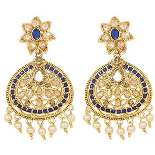 Ratna creation SANARA Bollywood Indian Wedding Designer Gold Tone Pearl Polki Stone Dangle Earring Set Jewelry