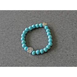 Paw Print Bracelet - Turquoise - Dog Puppy Cat Animal Paw Bracelet - Engraved Heart and Paw Charm - Stretch Bracelet - Jewelry Gift for Women Girls Kids