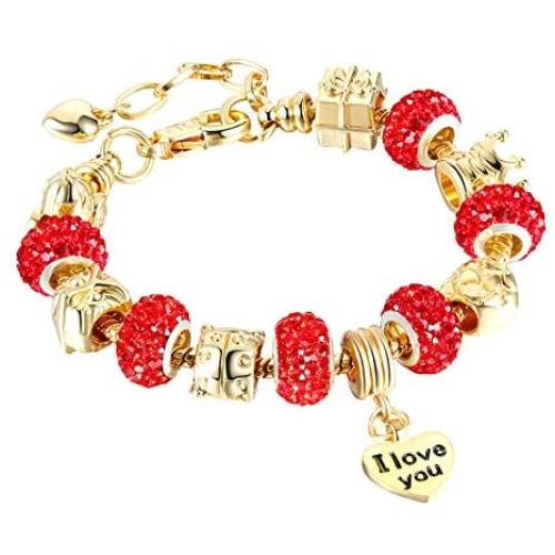JIEFEIZHL Charm Bracelets for Women,Gold Plated Handmade Carved Wristbands Sparkly Crystal Bracelets with Extended Link Jewelry Gifts,Teens