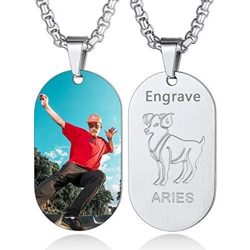Custom4U Personalized Photo Necklace Zodiac Sign 12 Constellation Stainless Steel/Black/Gold Medallion Coin/Dog Tag Pendant Name Engrave with Chain Lucky Charm Customized Jewelry Gifts for Women Men