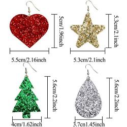 URATOT 12 Pairs Christmas Glitter Faux Leather Earrings for Women Girls Christmas Tree Star Drop Earrings Teardrop Long Dangle Earrings with Red Velvet Storage Bag for Xmas Jewelry Accessory