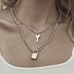 Haloty Punk Layered Key Pendant Necklace Gold Long Fashion Lock Necklaces Chain Jewelry for Women and Girls