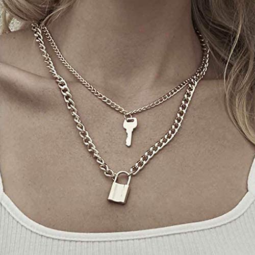 Haloty Punk Layered Key Pendant Necklace Gold Long Fashion Lock Necklaces Chain Jewelry for Women and Girls