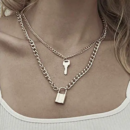 Haloty Punk Layered Key Pendant Necklace Gold Long Fashion Lock Necklaces Chain Jewelry for Women and Girls