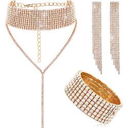 Hicarer Women Crystal Jewelry Set Bridal Wedding Rhinestone Choker Bracelet Dangle Earrings