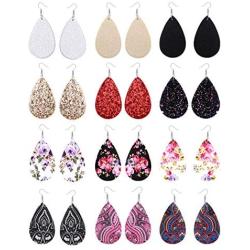YADOCA 12 Pairs Leather Earrings Teardrop Dangle Earrings for Women Leaf Drop Earrings Handmade Rainbow Flower Print Fashion Earrings Lightweight