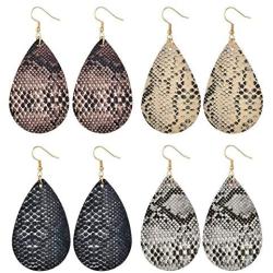 4 Pairs Bohemian Snakeskin Leather Earrings Set Retro Leopard Print Teardrop Earring Dainty Animal Python Print Drop Earrings for Women Girls Jewelry