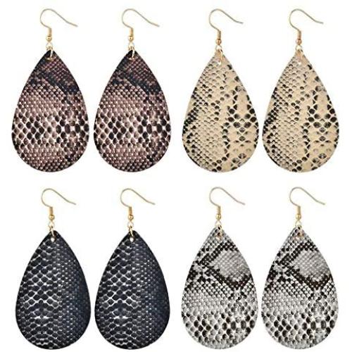 4 Pairs Bohemian Snakeskin Leather Earrings Set Retro Leopard Print Teardrop Earring Dainty Animal Python Print Drop Earrings for Women Girls Jewelry