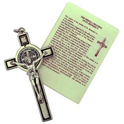 VILLAGE GIFT IMPORTERS 3'' Saint Benedict Pectoral Cross Pendant | Silver or Gold with Black Lining | Comes with Informational Card | Christian Jewelry