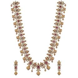 Tarinika Ahaana Gold-Plated Indian Jewelry Set with Long Necklace and Earrings - White Red Green