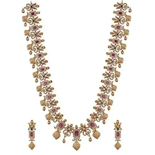 Tarinika Ahaana Gold-Plated Indian Jewelry Set with Long Necklace and Earrings - White Red Green Tarinika Ahaana Gold-Plated Indian Jewelry Set with Long Necklace and Earrings - White Red Green