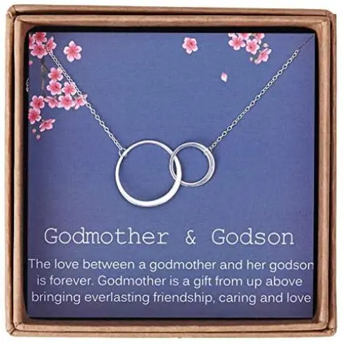 Godmother Gifts from Godson - Sterling Silver Two Interlocking Infinity Double Circles Godmother Necklace Jewelry -Godmother Birthday with Message Card & Gift Box