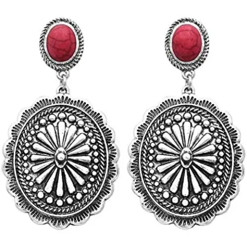 Rosemarie & Jubalee Womens Western Style Concho with Natural Howlite Drop Statement Post Earrings, 2.25'' Rosemarie & Jubalee Womens Western Style Concho with Natural Howlite Drop Statement Post Earrings, 2.25''