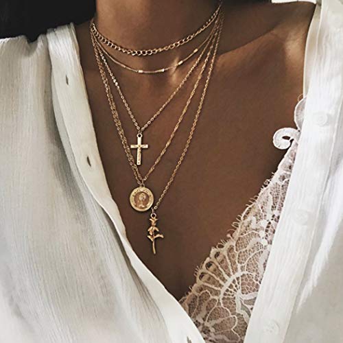 Fstrend Holy Layered Cross Necklace Gold Choker Coin Chain Rose Flower Pendant Multilayered Long Necklaces Jewelry for Women and Girls (Gold)