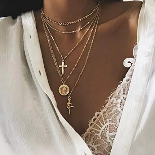 Fstrend Holy Layered Cross Necklace Gold Choker Coin Chain Rose Flower Pendant Multilayered Long Necklaces Jewelry for Women and Girls (Gold) Fstrend Holy Layered Cross Necklace Gold Choker Coin Chain Rose Flower Pendant Multilayered Long Necklaces Jewelry for Women and Girls (Gold)