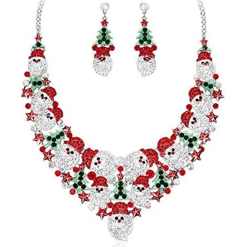 Luxury Rhinestone Statement Bib Necklace Earrings Sets Santa Claus Christmas Elements Party Costume Jewelry Gifts for Women