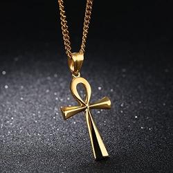 HUANIAN Mens Stainless Steel Coptic Anka Cross Religious Pendant Necklace, 24'' Curb Chain
