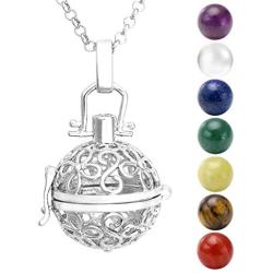 JOVIVI Chakra Necklace 16mm Natural Gemstones 7 Chakras Ball Stones Beads Hollow Flower Locket Pendant Reiki Healing Energy Beads 28'' Set w/Gift Box