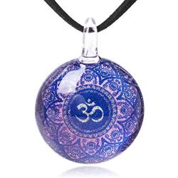 SUVANI Glass Jewelry Om Ohm Aum Symbol Mandala Cabochon Round Pendant Necklace 17-19” Choose Color