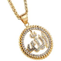 HZMAN Cubic Zirconia Allah Gold Pendant Necklace Middle East Charm Islam Round Pendant