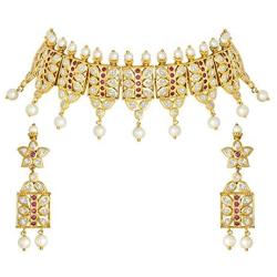Aheli Beautiful Wedding Wear Indian Laxmi Goddess Faux Stone Studded Floral Design Crafted Necklace Earrings Set Ethnic Fashion Jewelry for Women