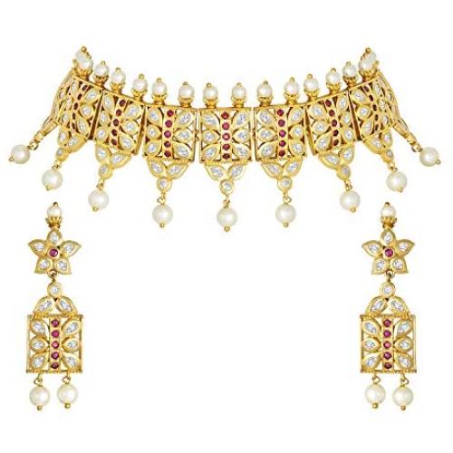 Aheli Beautiful Wedding Wear Indian Laxmi Goddess Faux Stone Studded Floral Design Crafted Necklace Earrings Set Ethnic Fashion Jewelry for Women