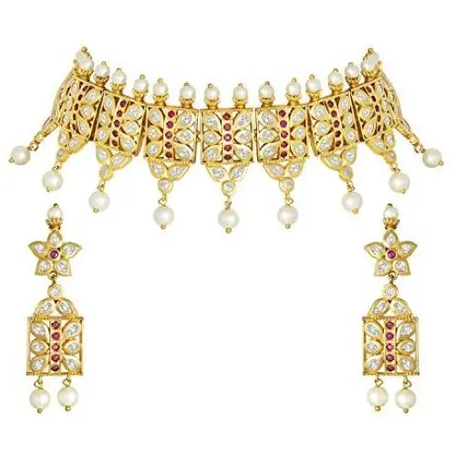 Aheli Beautiful Wedding Wear Indian Laxmi Goddess Faux Stone Studded Floral Design Crafted Necklace Earrings Set Ethnic Fashion Jewelry for Women