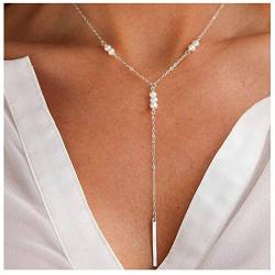 TseanYi Pearls Y Lariat Necklace Silver Pearls Pendant Chain Necklace Classic Pearl Drop Long Necklaces Bridal Necklace Jewelry for Women and Girls (Silver)