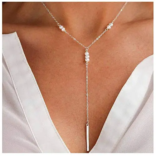 TseanYi Pearls Y Lariat Necklace Silver Pearls Pendant Chain Necklace Classic Pearl Drop Long Necklaces Bridal Necklace Jewelry for Women and Girls (Silver)