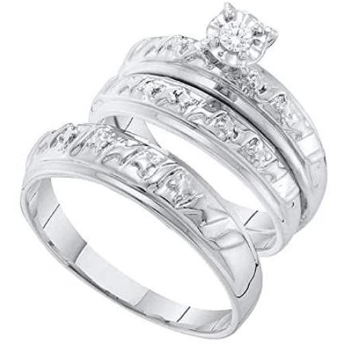 Dazzlingrock Collection 0.07 Carat (ctw) 10k Round White Diamond Mens & Womens Bridal Engagement Ring Trio Set, White Gold