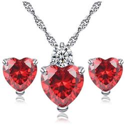 AILUOR White Gold Plated Simulated Ruby Crystal Heart Necklace and Stud Earrings Set - Queen of Hearts Pendant Jewelry Set Silver Chain January Birthstone Evie Red Heart Jewelry Gifts for Women