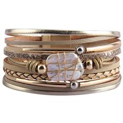GelConnie Baroque Pearl Leather Cuff Bracelet Multi Strand Wrap Bracelets Magnetic Bohemian Bracelet for Women, Wife, Sister