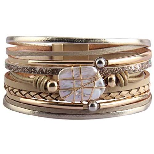 GelConnie Baroque Pearl Leather Cuff Bracelet Multi Strand Wrap Bracelets Magnetic Bohemian Bracelet for Women, Wife, Sister