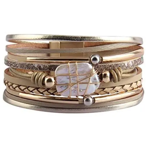 GelConnie Baroque Pearl Leather Cuff Bracelet Multi Strand Wrap Bracelets Magnetic Bohemian Bracelet for Women, Wife, Sister