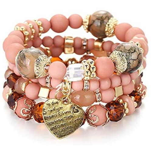 DINGFASHION Beaded Bracelets Stackable Bracelets Bohemian Stretch Strand Bangles 4 Strings Bracelet Set, Heart Charm Starfish Charm