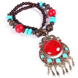 HSQYJ Fashion Wood Beaded Turquoise Pendant Necklace Retro Bohemian Necklaces Charm Pendant Boho Necklace for Women Girl Costume Jewelry