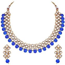 Aheli Wedding Wear Indian Kundan Maang Tikka Earrings Necklace Set Bollywood Ethnic Traditional Jewelry for Women (Royal Blue)