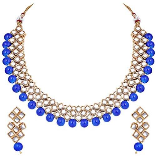 Aheli Wedding Wear Indian Kundan Maang Tikka Earrings Necklace Set Bollywood Ethnic Traditional Jewelry for Women (Royal Blue)