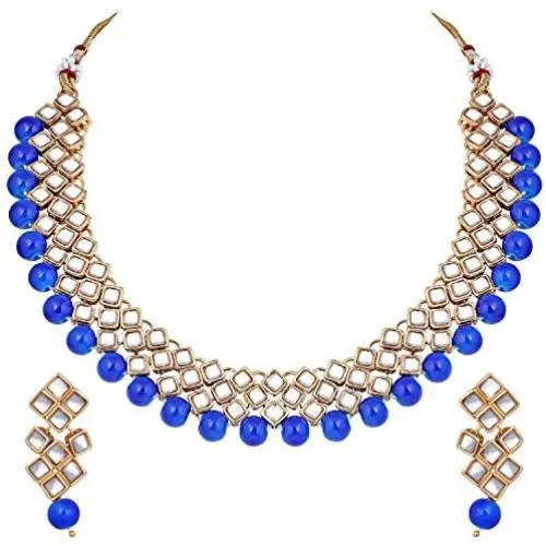 Aheli Wedding Wear Indian Kundan Maang Tikka Earrings Necklace Set Bollywood Ethnic Traditional Jewelry for Women (Royal Blue) Aheli Wedding Wear Indian Kundan Maang Tikka Earrings Necklace Set Bollywood Ethnic Traditional Jewelry for Women (Royal Blue)