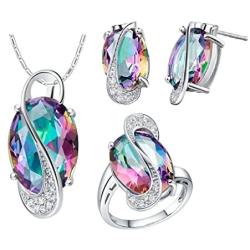 Uloveido White Gold Plated Jewelry Set Rainbow Mystic Topaz Ring Earrings Pendant Necklace T472