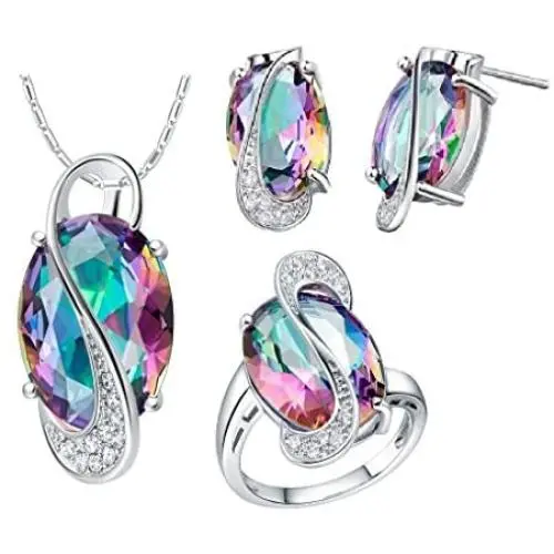 Uloveido White Gold Plated Jewelry Set Rainbow Mystic Topaz Ring Earrings Pendant Necklace T472 Uloveido White Gold Plated Jewelry Set Rainbow Mystic Topaz Ring Earrings Pendant Necklace T472