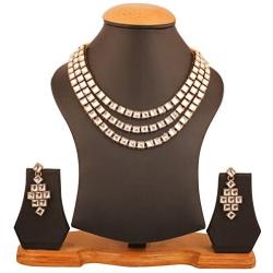 Touchstone ''Contemporary Kundan Collection Indian Bollywood tthree Layer Square Kundan Look Jewelry Necklace Set in Antique Gold Tone for Women