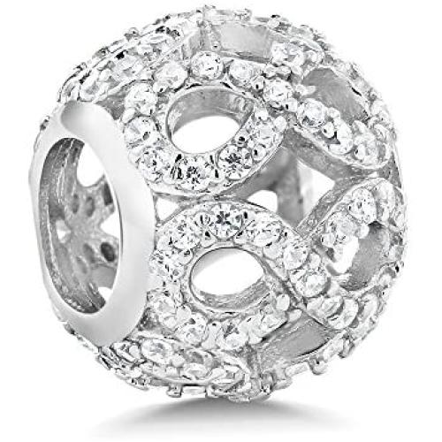 Gem Stone King 925 Sterling Silver White CZ Infinity Round Bead Charm Compatible W/Pandora Bracelets