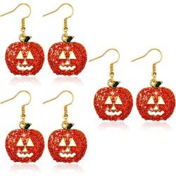 3 Pairs Halloween Pumpkin Earrings Crystal Pumpkin Dangle Earring Smiling Face Pumpkin Drop Earrings Jewelry for Women
