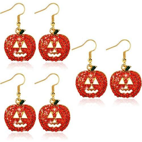 3 Pairs Halloween Pumpkin Earrings Crystal Pumpkin Dangle Earring Smiling Face Pumpkin Drop Earrings Jewelry for Women