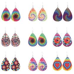 9Pairs Tie Dye Printed Leather Drop Earrings Set Lightweight Bohemia Teardrop Earrings Colorful Vintage Handmade Leather Dangle Earrings for Women Girl Vaction Jewelry