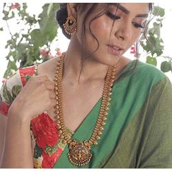 Tarinika Gita Gold-Plated Indian Jewelry Set with Long Necklace and Earrings - White Red Green